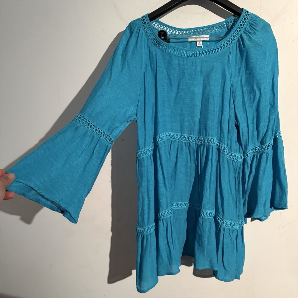 SPENSE NWT Penelope Tiered Blouse Peasant Top Bright Teal Blue Medium Boho